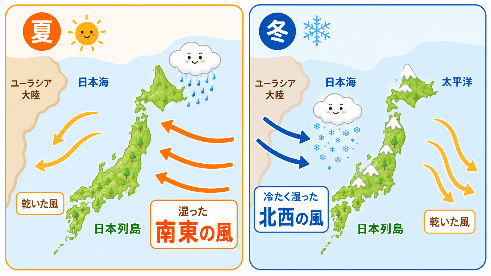 夏と冬の季節風が日本列島の天気に与える影響を示した図